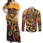 Autism Awareness Australia GWS Giants Couples Matching Off Shoulder Maxi Dress and Long Sleeve Button Shirt Aboriginal Indigenous Art