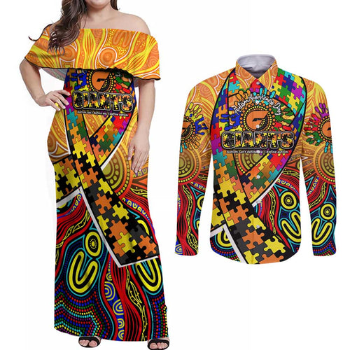 Autism Awareness Australia GWS Giants Couples Matching Off Shoulder Maxi Dress and Long Sleeve Button Shirt Aboriginal Indigenous Art