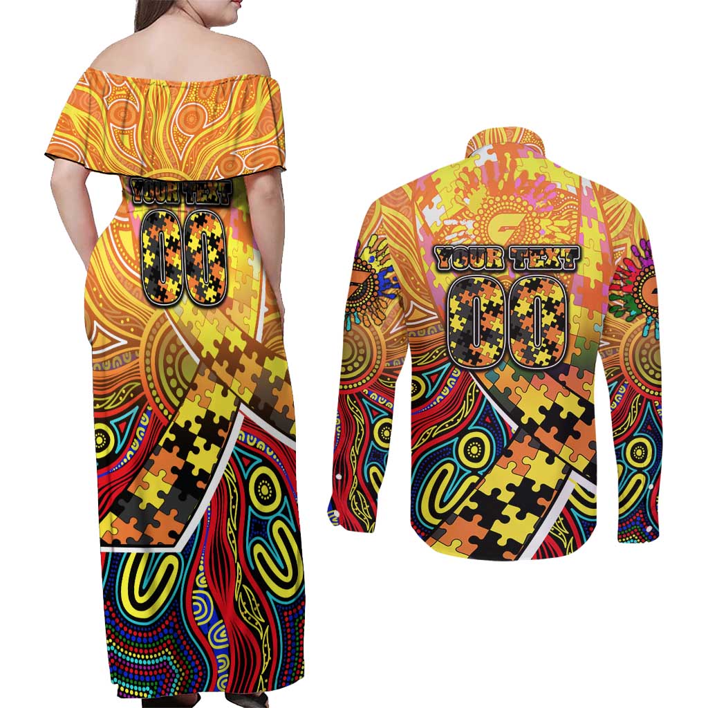 Autism Awareness Australia GWS Giants Couples Matching Off Shoulder Maxi Dress and Long Sleeve Button Shirt Aboriginal Indigenous Art