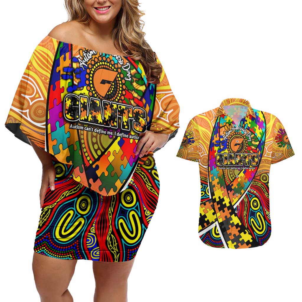 Autism Awareness Australia GWS Giants Couples Matching Off Shoulder Short Dress and Hawaiian Shirt Aboriginal Indigenous Art