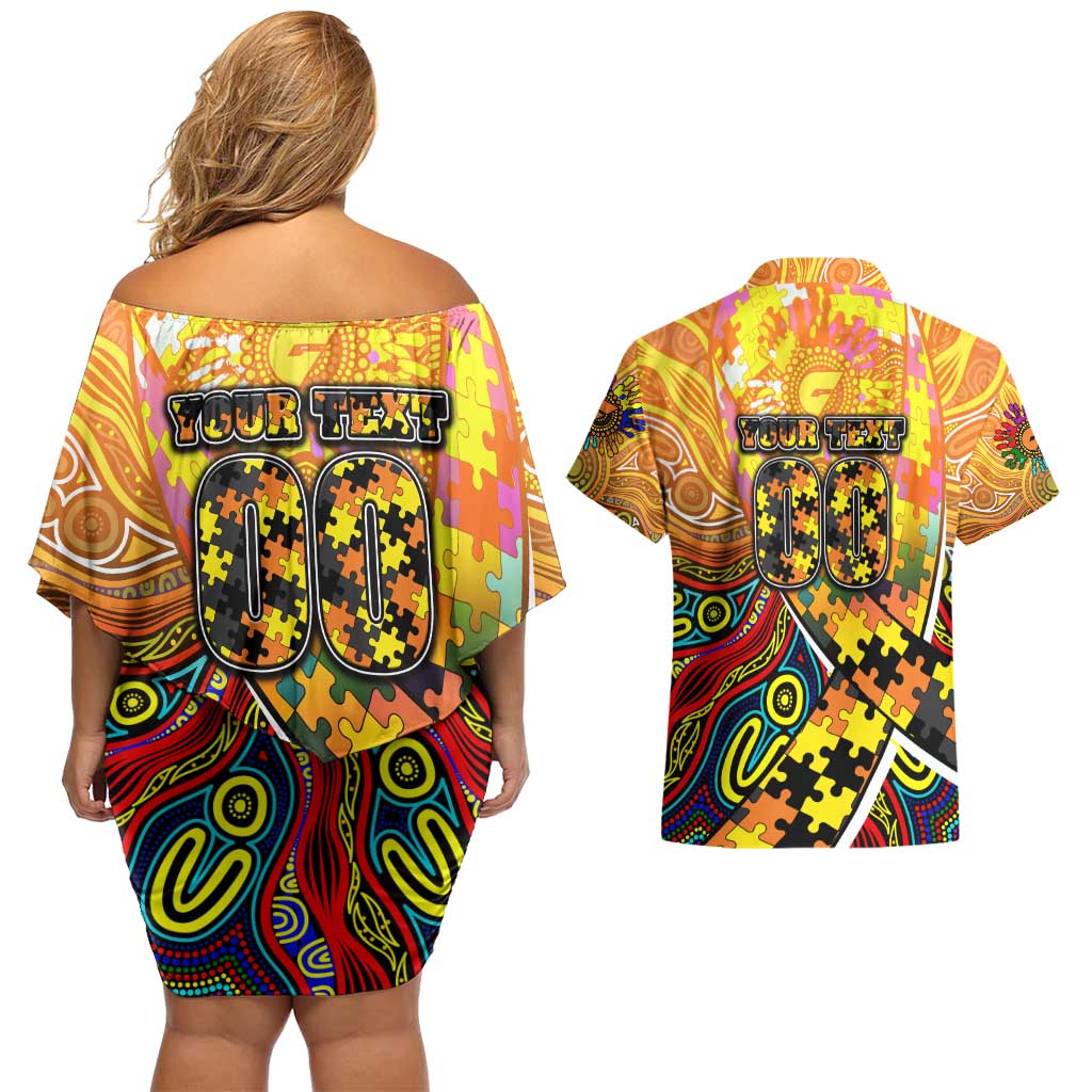 Autism Awareness Australia GWS Giants Couples Matching Off Shoulder Short Dress and Hawaiian Shirt Aboriginal Indigenous Art