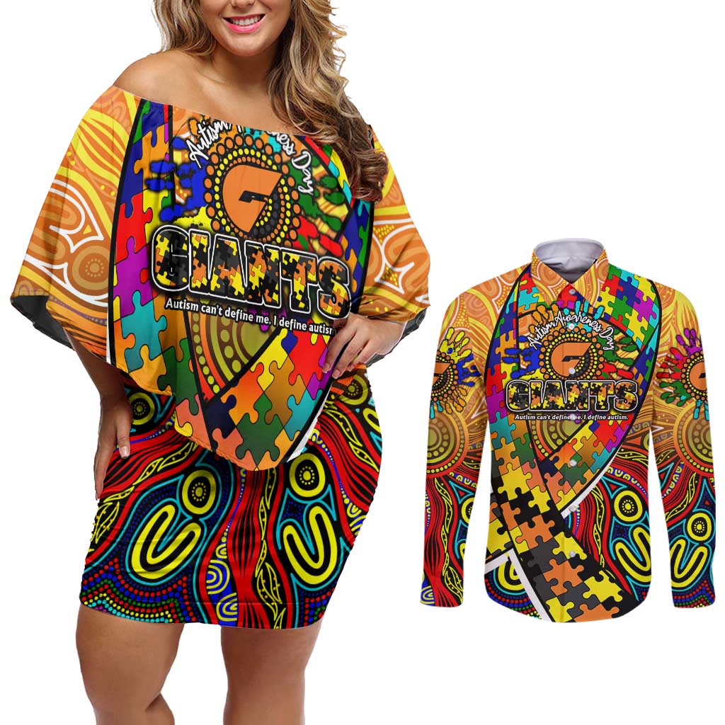 Autism Awareness Australia GWS Giants Couples Matching Off Shoulder Short Dress and Long Sleeve Button Shirt Aboriginal Indigenous Art