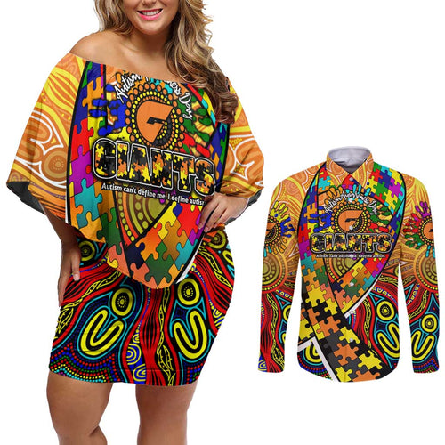 Autism Awareness Australia GWS Giants Couples Matching Off Shoulder Short Dress and Long Sleeve Button Shirt Aboriginal Indigenous Art