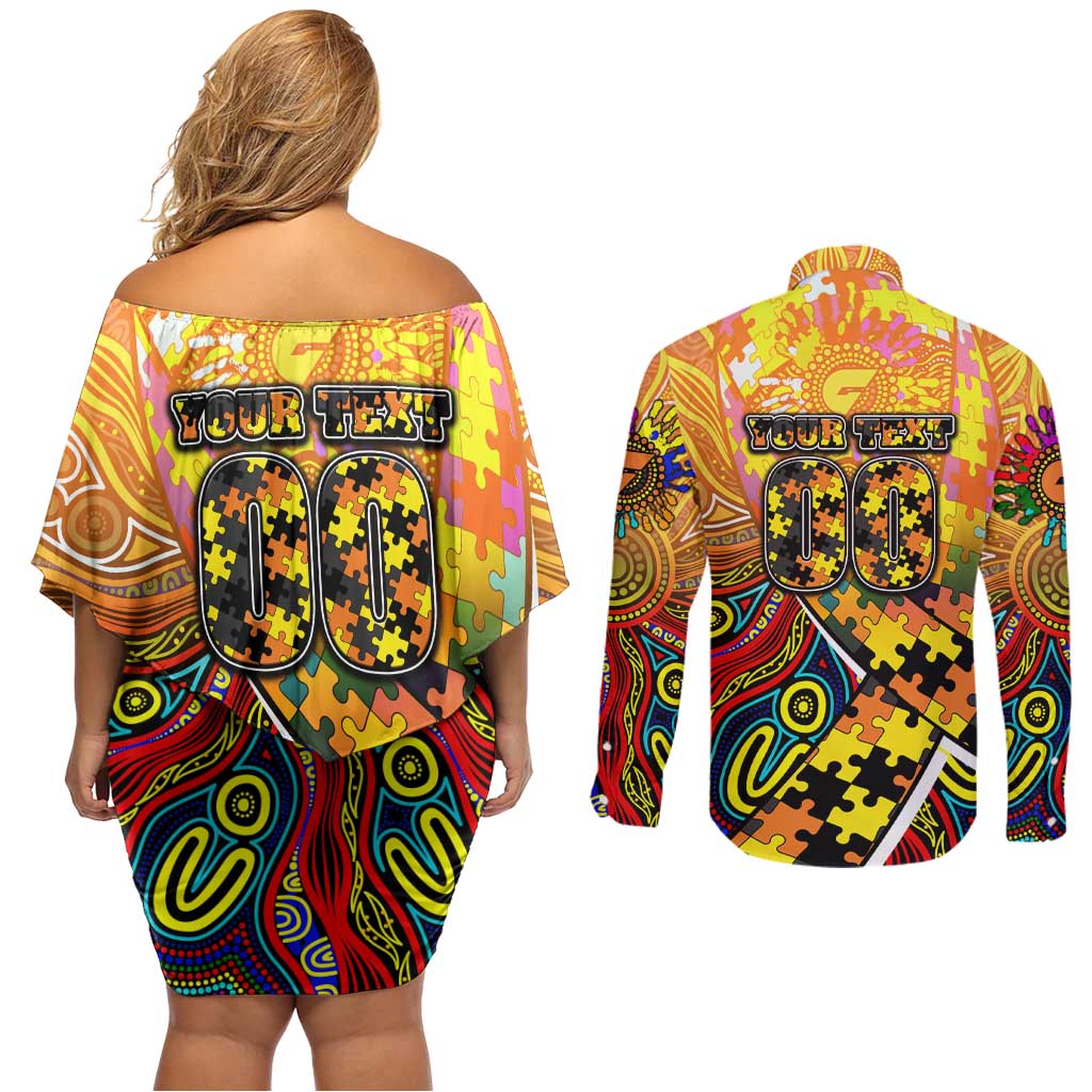 Autism Awareness Australia GWS Giants Couples Matching Off Shoulder Short Dress and Long Sleeve Button Shirt Aboriginal Indigenous Art