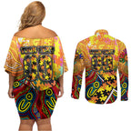 Autism Awareness Australia GWS Giants Couples Matching Off Shoulder Short Dress and Long Sleeve Button Shirt Aboriginal Indigenous Art