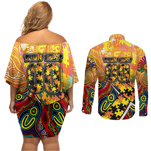 Autism Awareness Australia GWS Giants Couples Matching Off Shoulder Short Dress and Long Sleeve Button Shirt Aboriginal Indigenous Art