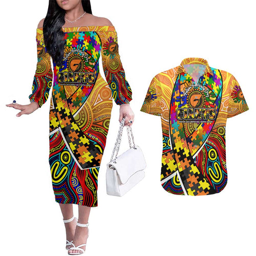 Autism Awareness Australia GWS Giants Couples Matching Off The Shoulder Long Sleeve Dress and Hawaiian Shirt Aboriginal Indigenous Art