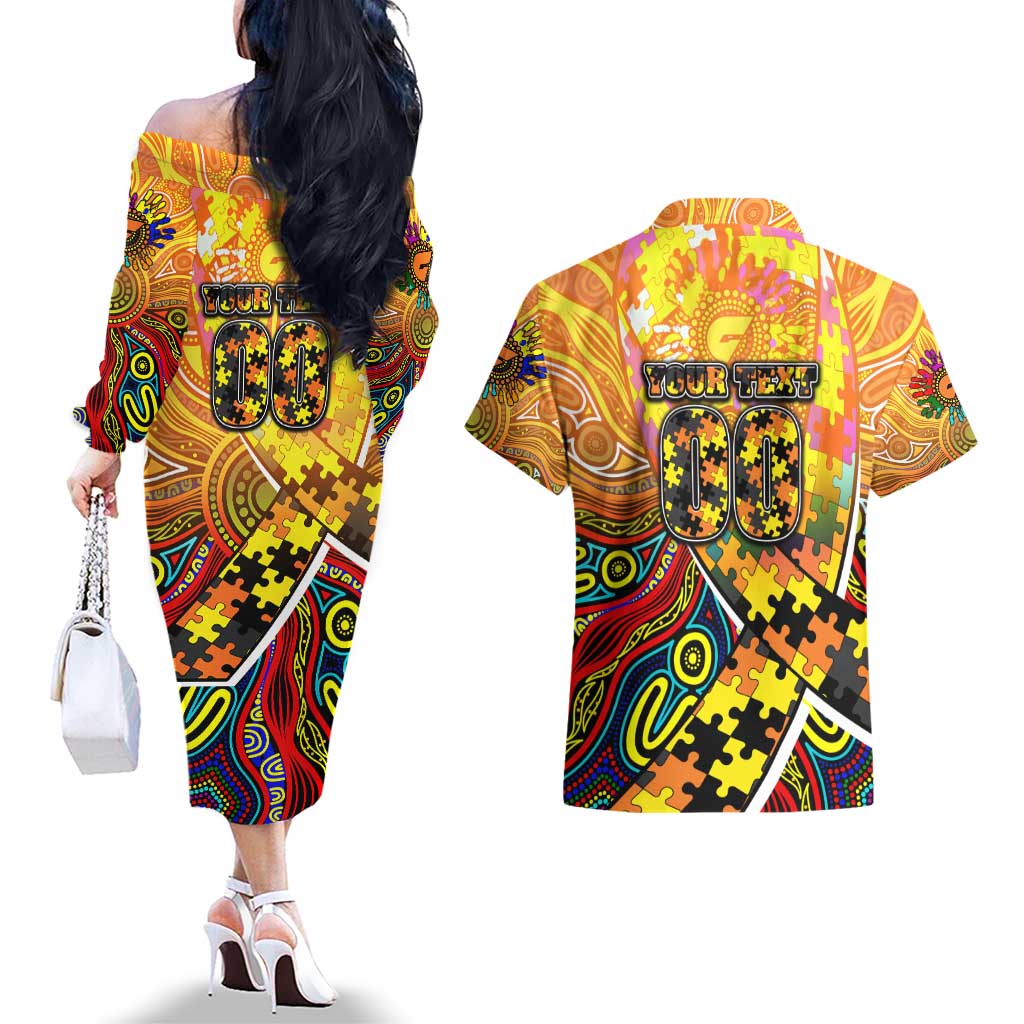 Autism Awareness Australia GWS Giants Couples Matching Off The Shoulder Long Sleeve Dress and Hawaiian Shirt Aboriginal Indigenous Art