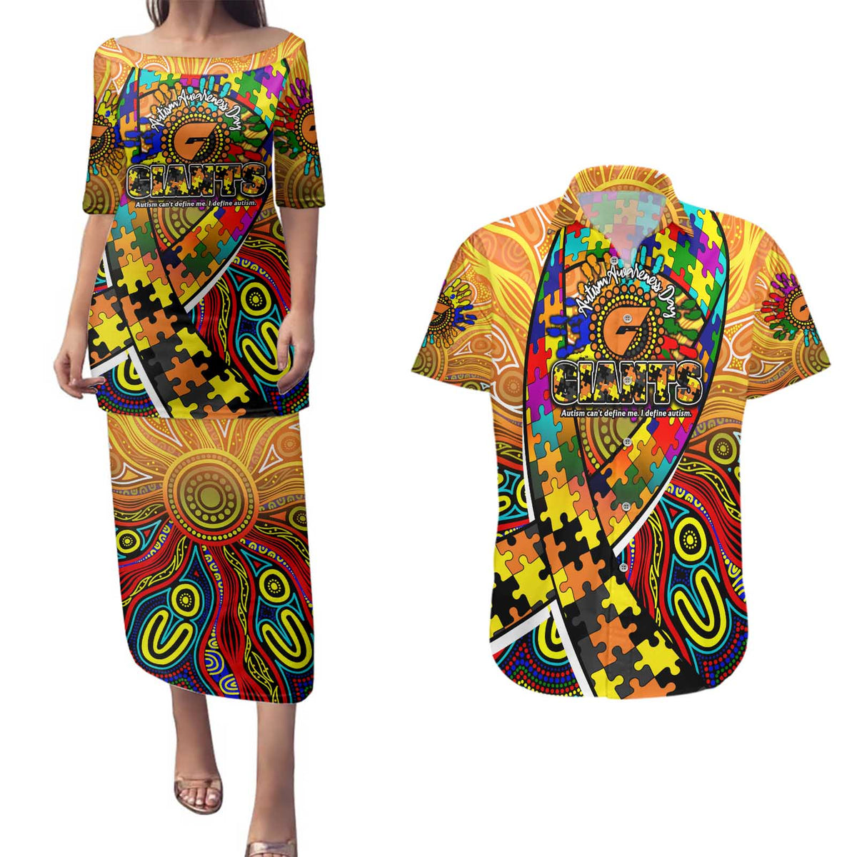 Autism Awareness Australia GWS Giants Couples Matching Puletasi and Hawaiian Shirt Aboriginal Indigenous Art