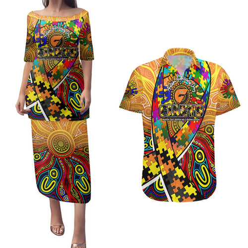 Autism Awareness Australia GWS Giants Couples Matching Puletasi and Hawaiian Shirt Aboriginal Indigenous Art