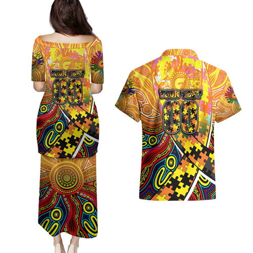 Autism Awareness Australia GWS Giants Couples Matching Puletasi and Hawaiian Shirt Aboriginal Indigenous Art