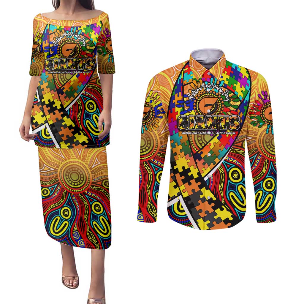 Autism Awareness Australia GWS Giants Couples Matching Puletasi and Long Sleeve Button Shirt Aboriginal Indigenous Art
