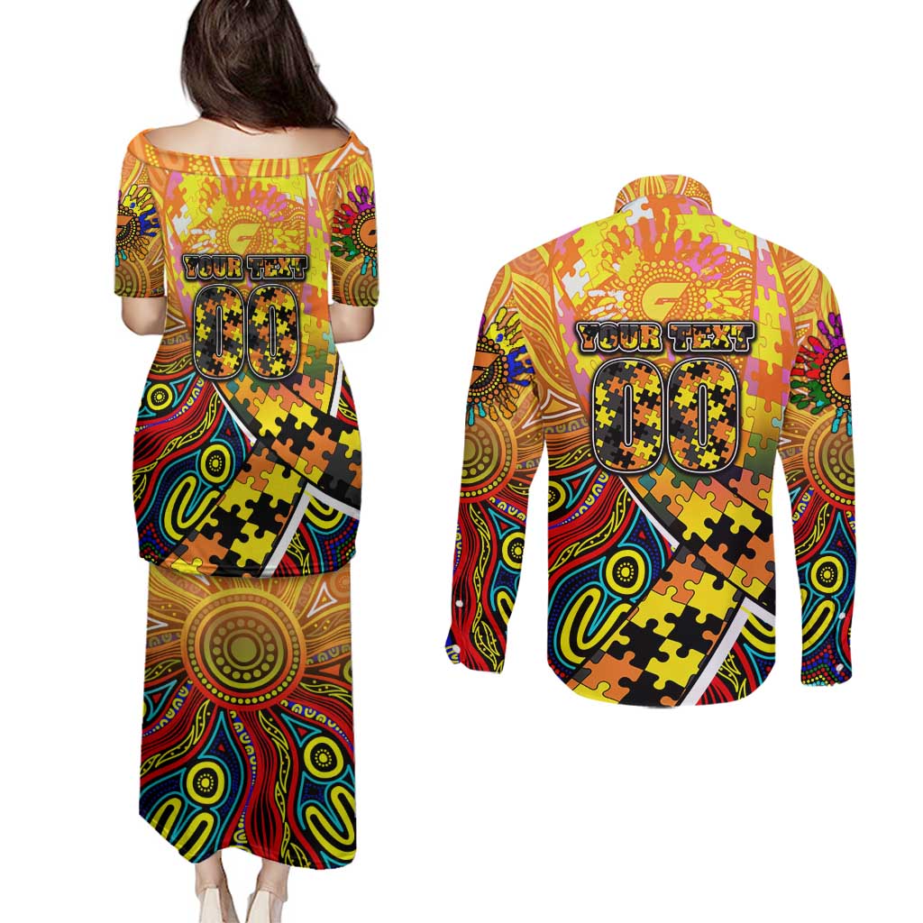 Autism Awareness Australia GWS Giants Couples Matching Puletasi and Long Sleeve Button Shirt Aboriginal Indigenous Art
