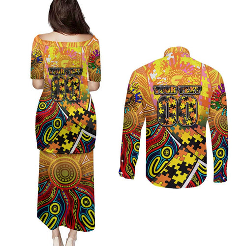 Autism Awareness Australia GWS Giants Couples Matching Puletasi and Long Sleeve Button Shirt Aboriginal Indigenous Art