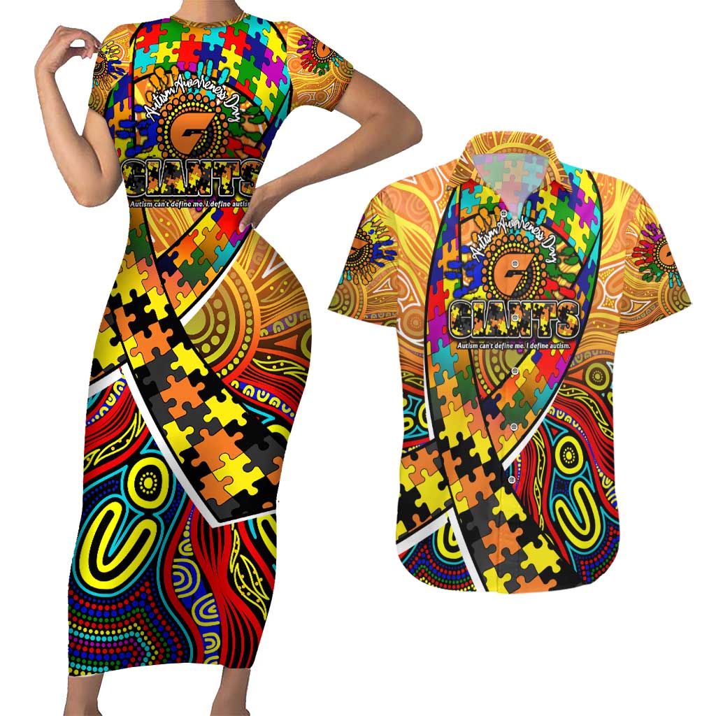 Autism Awareness Australia GWS Giants Couples Matching Short Sleeve Bodycon Dress and Hawaiian Shirt Aboriginal Indigenous Art