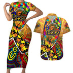Autism Awareness Australia GWS Giants Couples Matching Short Sleeve Bodycon Dress and Hawaiian Shirt Aboriginal Indigenous Art