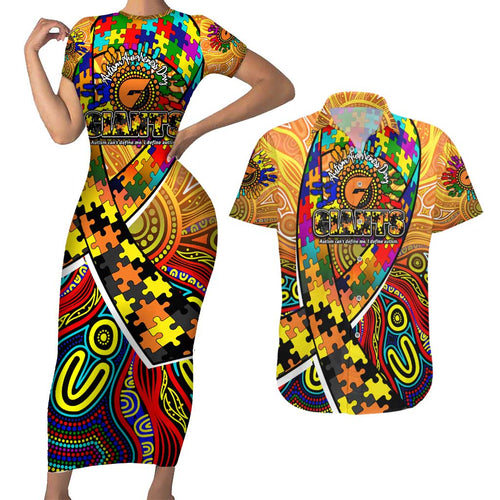 Autism Awareness Australia GWS Giants Couples Matching Short Sleeve Bodycon Dress and Hawaiian Shirt Aboriginal Indigenous Art