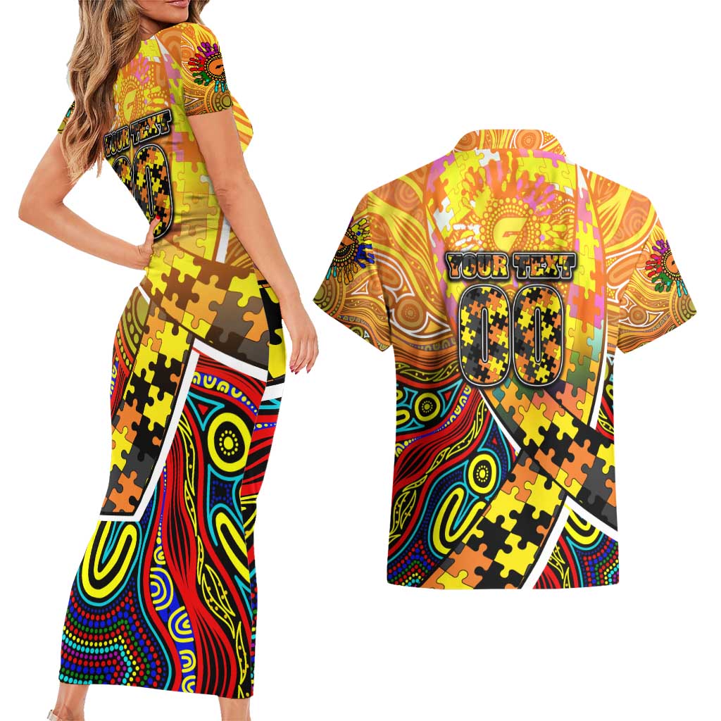 Autism Awareness Australia GWS Giants Couples Matching Short Sleeve Bodycon Dress and Hawaiian Shirt Aboriginal Indigenous Art