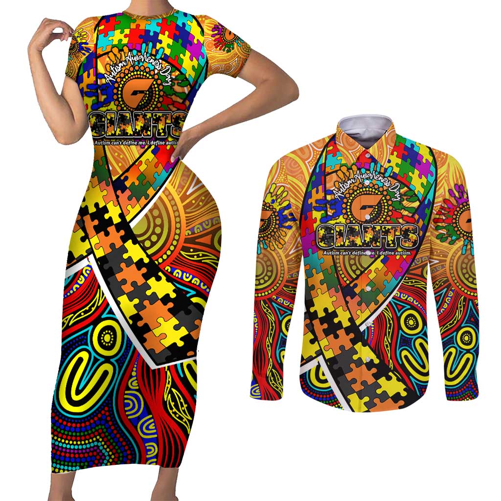 Autism Awareness Australia GWS Giants Couples Matching Short Sleeve Bodycon Dress and Long Sleeve Button Shirt Aboriginal Indigenous Art