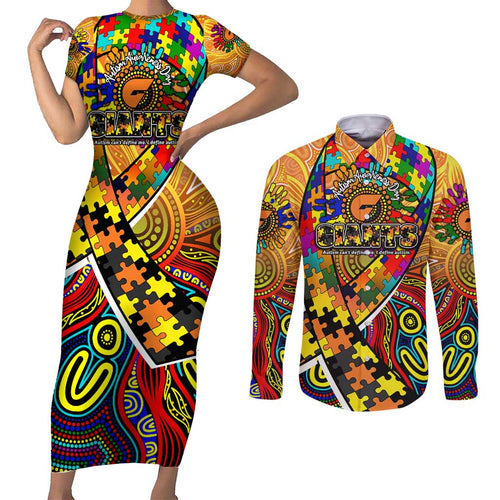 Autism Awareness Australia GWS Giants Couples Matching Short Sleeve Bodycon Dress and Long Sleeve Button Shirt Aboriginal Indigenous Art