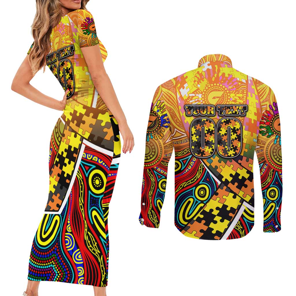 Autism Awareness Australia GWS Giants Couples Matching Short Sleeve Bodycon Dress and Long Sleeve Button Shirt Aboriginal Indigenous Art