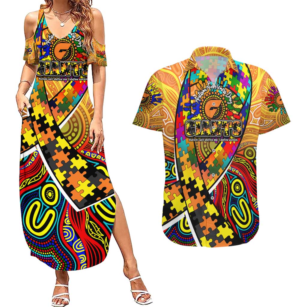 Autism Awareness Australia GWS Giants Couples Matching Summer Maxi Dress and Hawaiian Shirt Aboriginal Indigenous Art