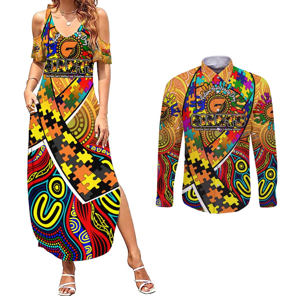 Autism Awareness Australia GWS Giants Couples Matching Summer Maxi Dress and Long Sleeve Button Shirt Aboriginal Indigenous Art