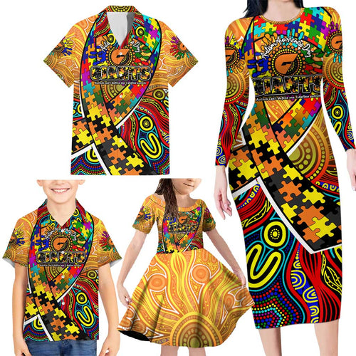 Autism Awareness Australia GWS Giants Family Matching Long Sleeve Bodycon Dress and Hawaiian Shirt Aboriginal Indigenous Art