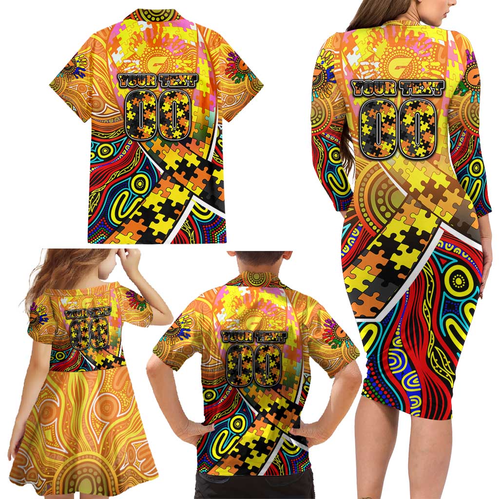 Autism Awareness Australia GWS Giants Family Matching Long Sleeve Bodycon Dress and Hawaiian Shirt Aboriginal Indigenous Art