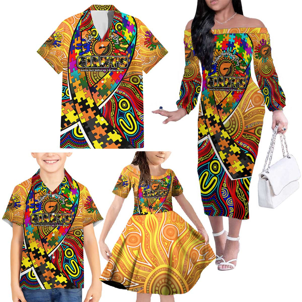 Autism Awareness Australia GWS Giants Family Matching Off The Shoulder Long Sleeve Dress and Hawaiian Shirt Aboriginal Indigenous Art