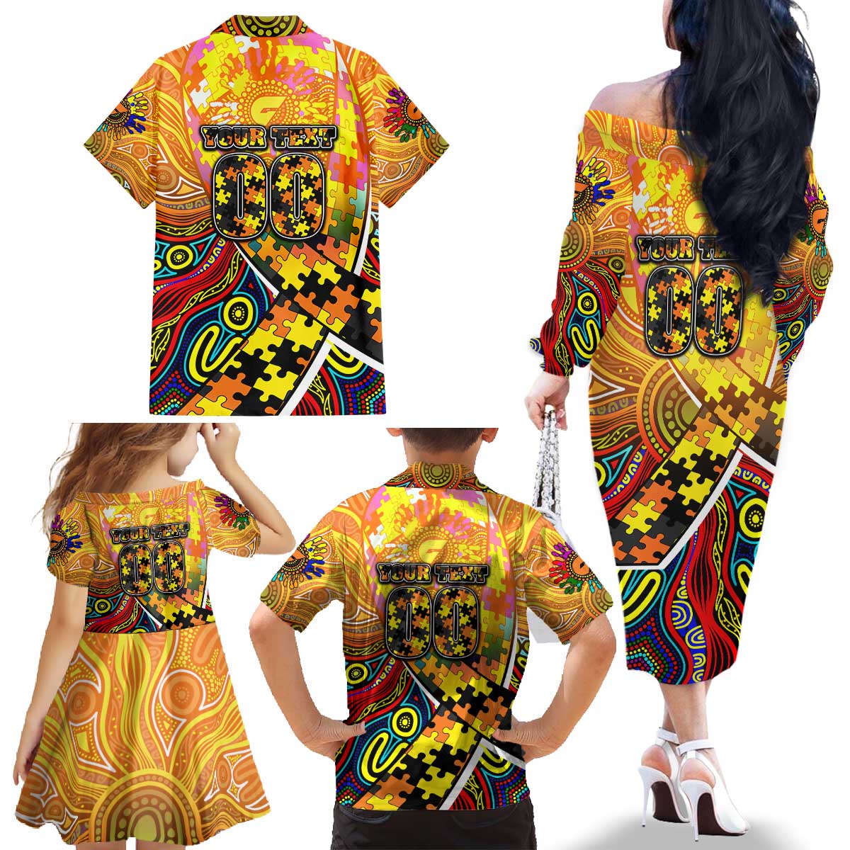 Autism Awareness Australia GWS Giants Family Matching Off The Shoulder Long Sleeve Dress and Hawaiian Shirt Aboriginal Indigenous Art