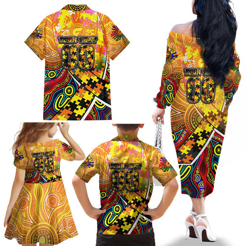 Autism Awareness Australia GWS Giants Family Matching Off The Shoulder Long Sleeve Dress and Hawaiian Shirt Aboriginal Indigenous Art