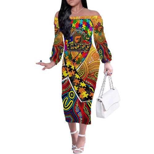 Autism Awareness Australia GWS Giants Family Matching Off The Shoulder Long Sleeve Dress and Hawaiian Shirt Aboriginal Indigenous Art