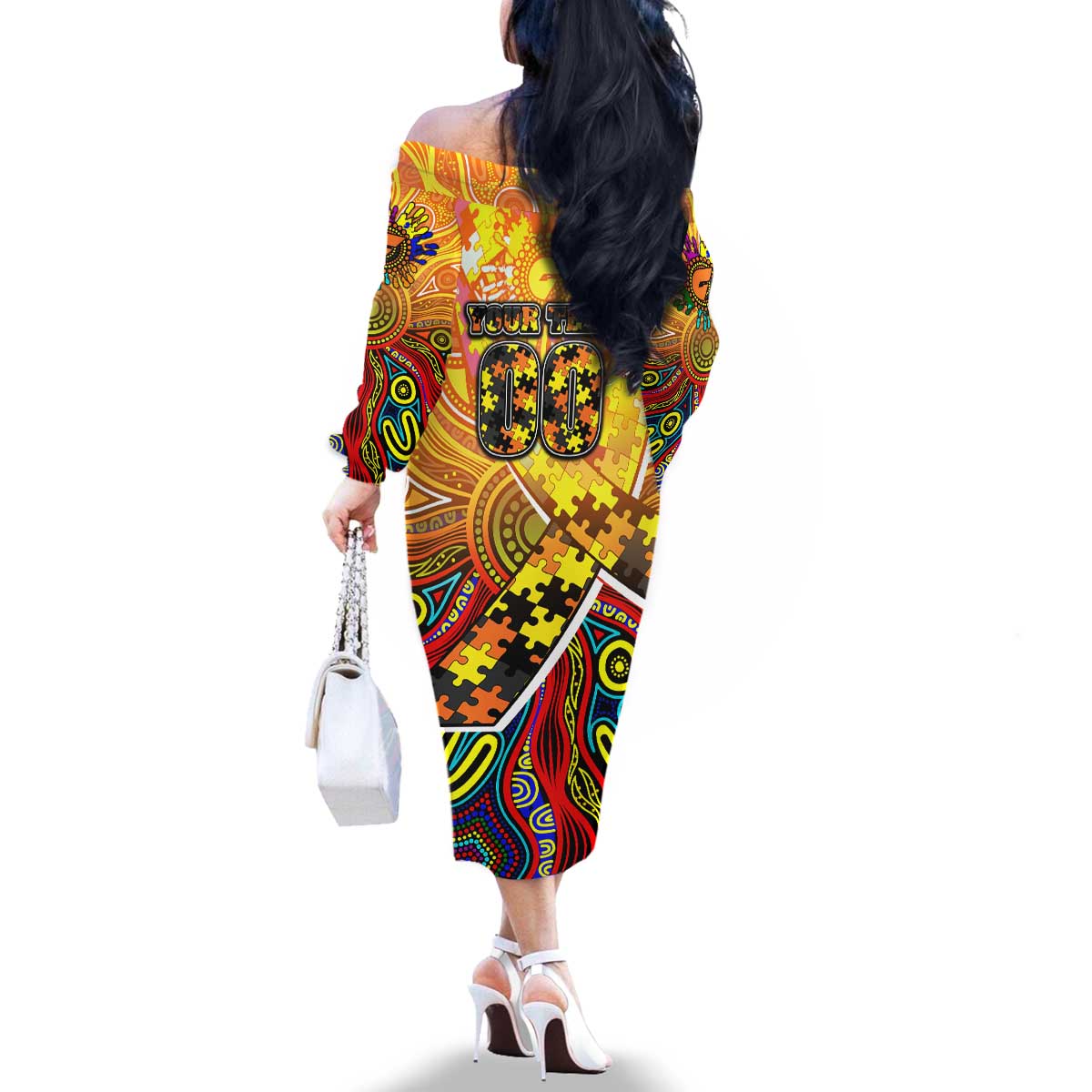 Autism Awareness Australia GWS Giants Family Matching Off The Shoulder Long Sleeve Dress and Hawaiian Shirt Aboriginal Indigenous Art