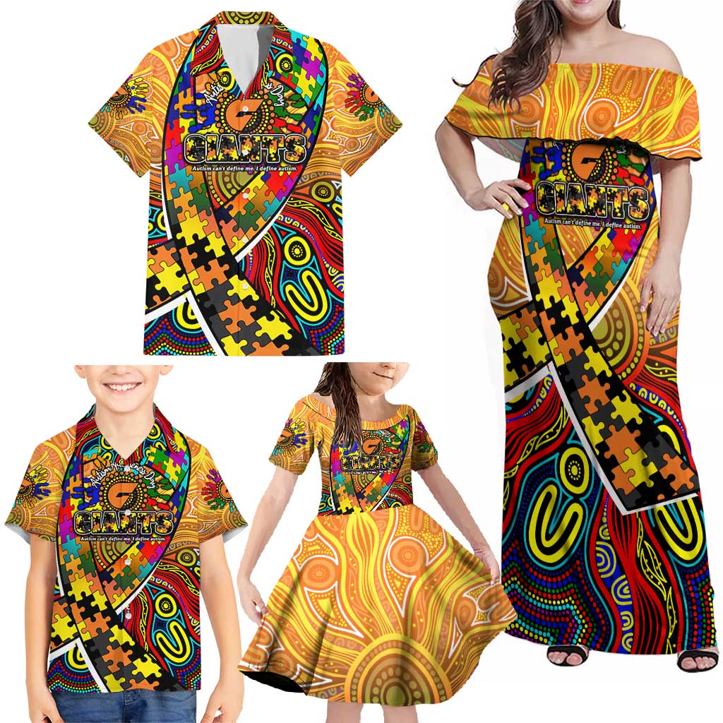 Autism Awareness Australia GWS Giants Family Matching Off Shoulder Maxi Dress and Hawaiian Shirt Aboriginal Indigenous Art