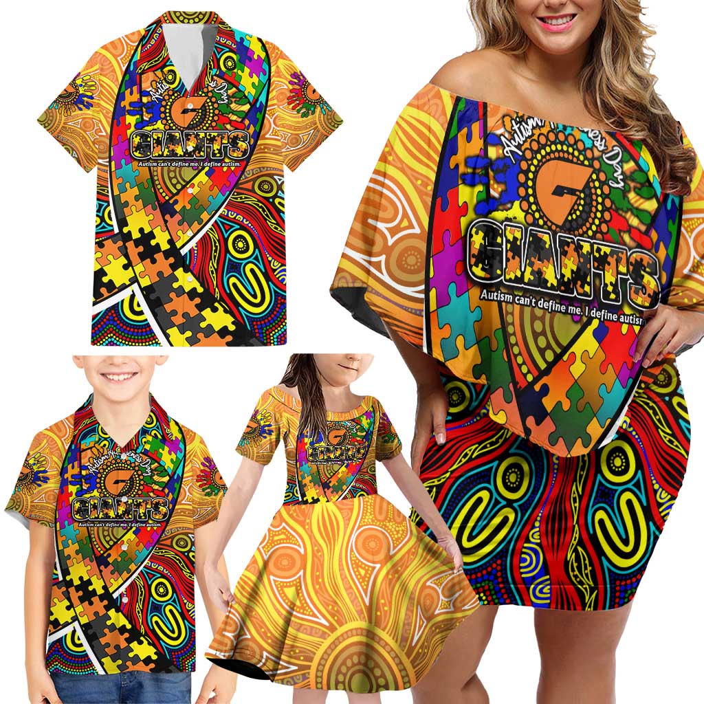 Autism Awareness Australia GWS Giants Family Matching Off Shoulder Short Dress and Hawaiian Shirt Aboriginal Indigenous Art