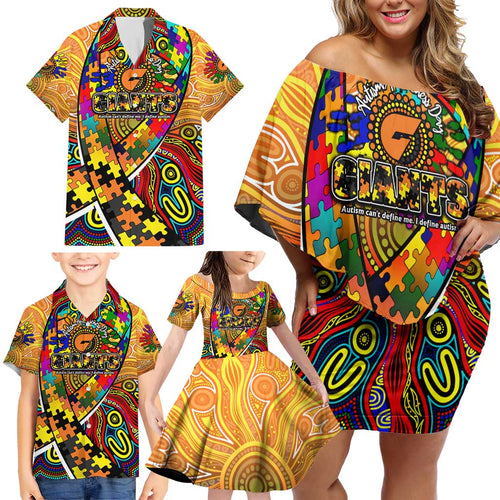 Autism Awareness Australia GWS Giants Family Matching Off Shoulder Short Dress and Hawaiian Shirt Aboriginal Indigenous Art
