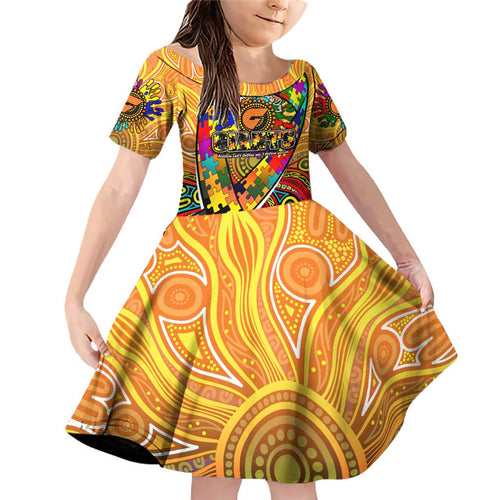 Autism Awareness Australia GWS Giants Family Matching Off Shoulder Short Dress and Hawaiian Shirt Aboriginal Indigenous Art