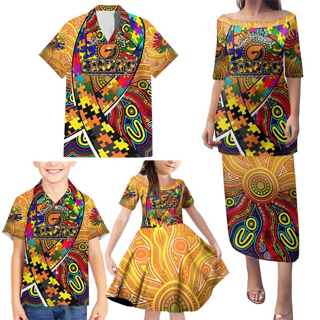 Autism Awareness Australia GWS Giants Family Matching Puletasi and Hawaiian Shirt Aboriginal Indigenous Art