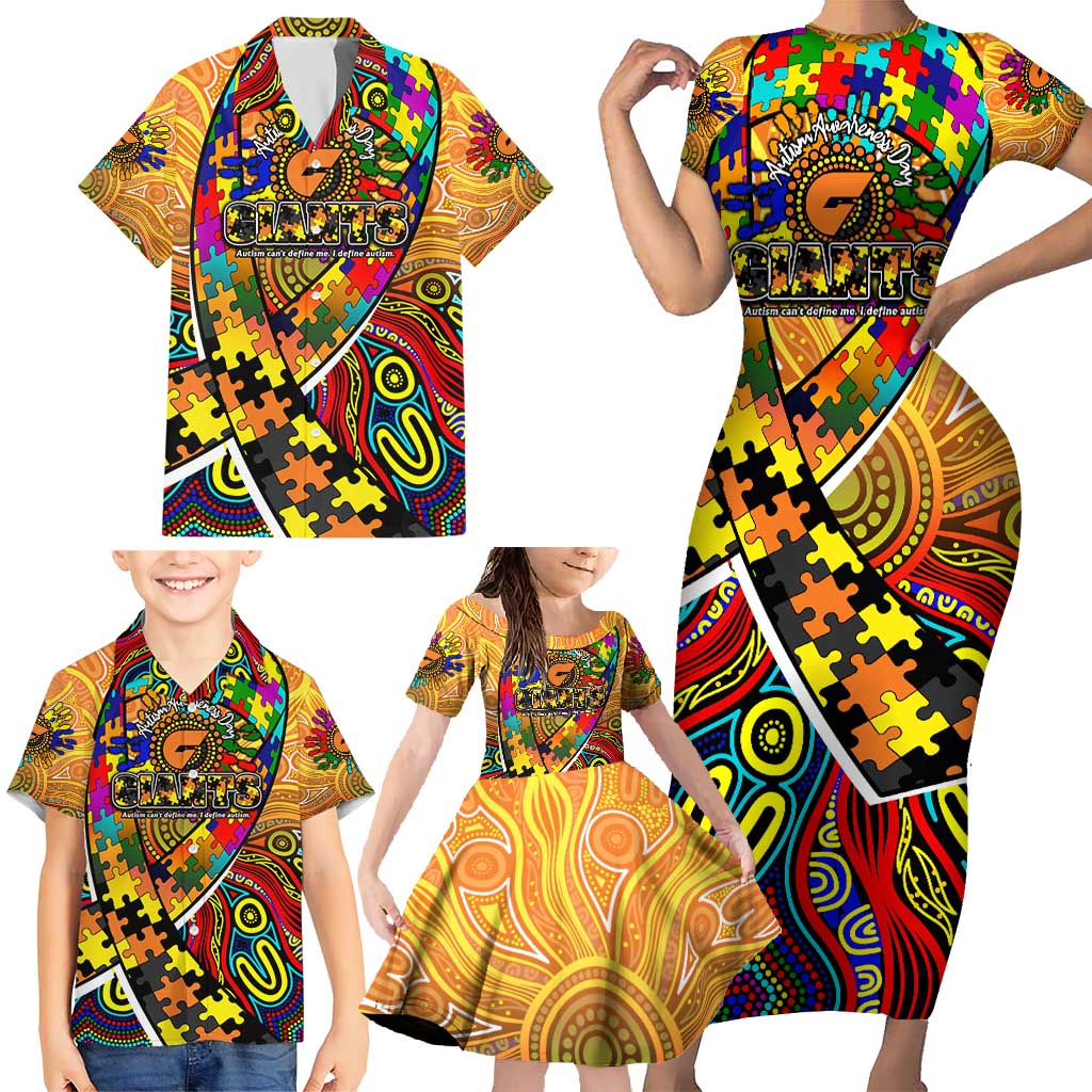 Autism Awareness Australia GWS Giants Family Matching Short Sleeve Bodycon Dress and Hawaiian Shirt Aboriginal Indigenous Art