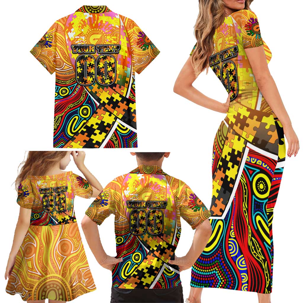 Autism Awareness Australia GWS Giants Family Matching Short Sleeve Bodycon Dress and Hawaiian Shirt Aboriginal Indigenous Art