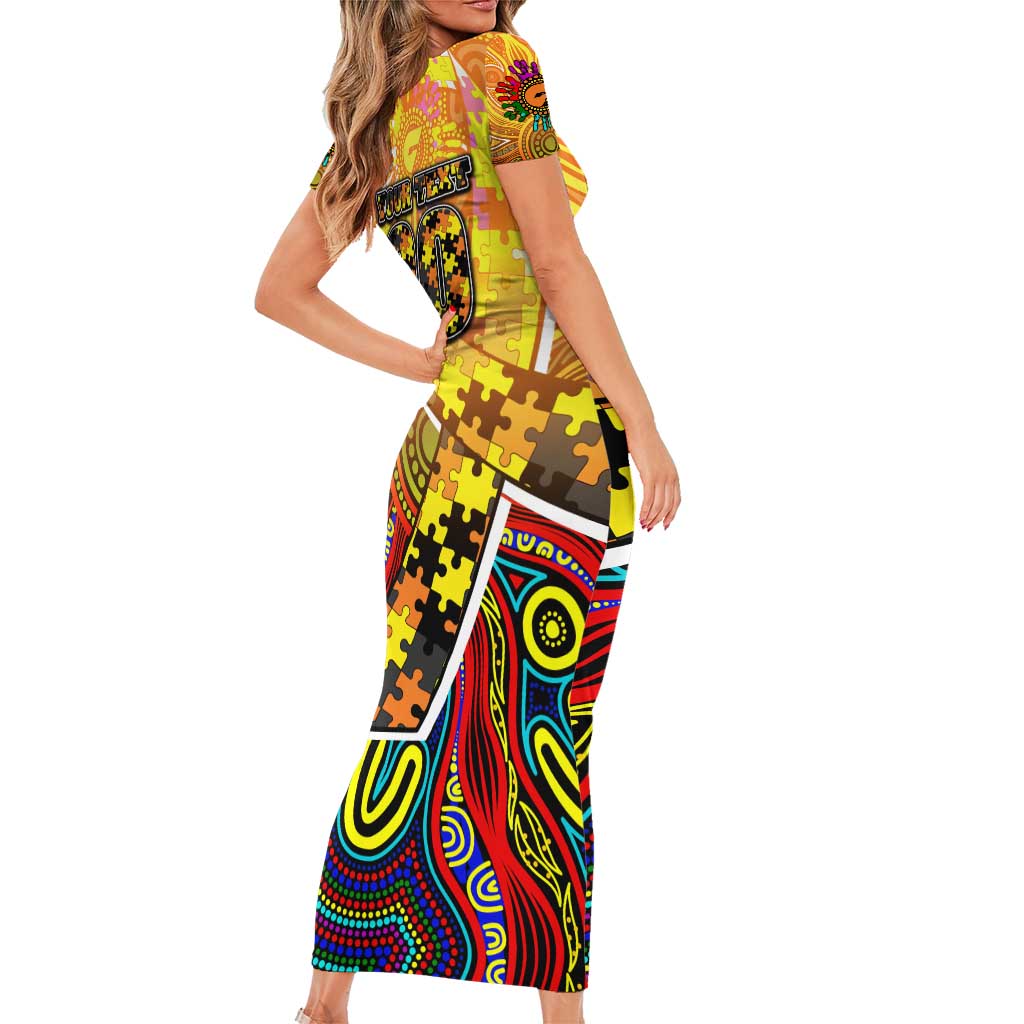 Autism Awareness Australia GWS Giants Family Matching Short Sleeve Bodycon Dress and Hawaiian Shirt Aboriginal Indigenous Art