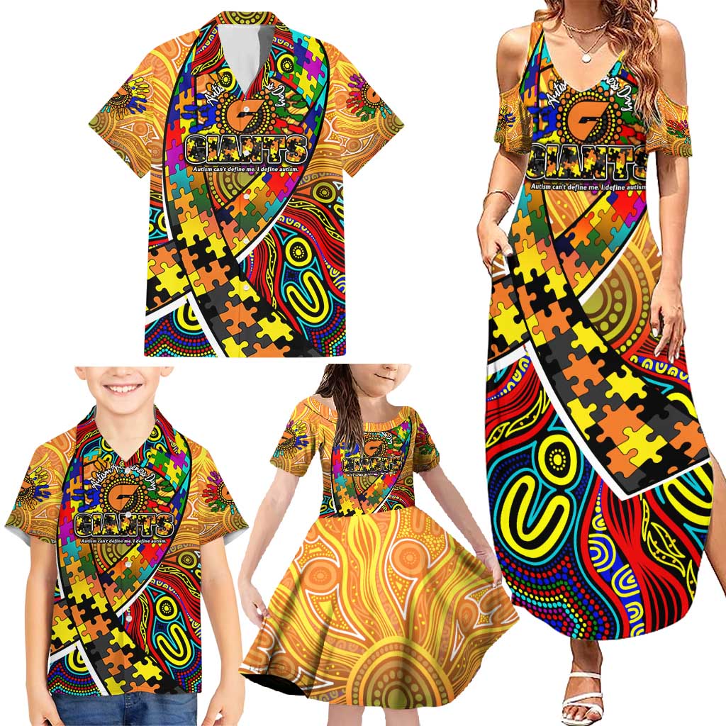 Autism Awareness Australia GWS Giants Family Matching Summer Maxi Dress and Hawaiian Shirt Aboriginal Indigenous Art