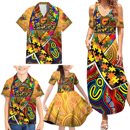 Autism Awareness Australia GWS Giants Family Matching Summer Maxi Dress and Hawaiian Shirt Aboriginal Indigenous Art