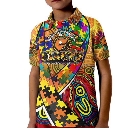 Autism Awareness Australia GWS Giants Kid Polo Shirt Aboriginal Indigenous Art
