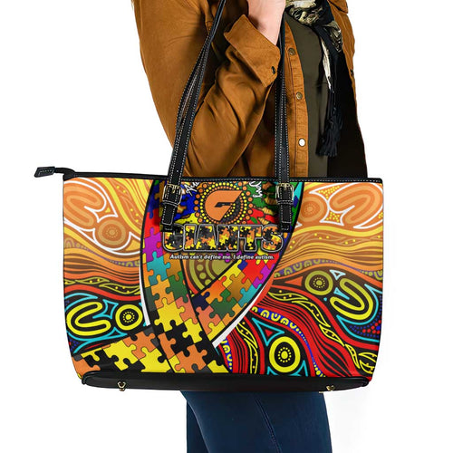 Autism Awareness Australia GWS Giants Leather Tote Bag Aboriginal Indigenous Art
