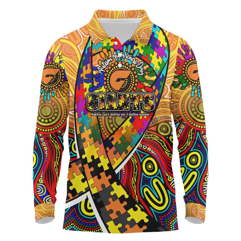 Autism Awareness Australia GWS Giants Long Sleeve Polo Shirt Aboriginal Indigenous Art