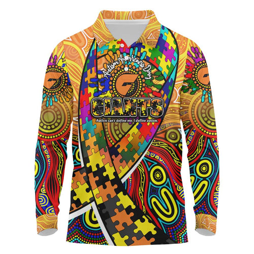 Autism Awareness Australia GWS Giants Long Sleeve Polo Shirt Aboriginal Indigenous Art