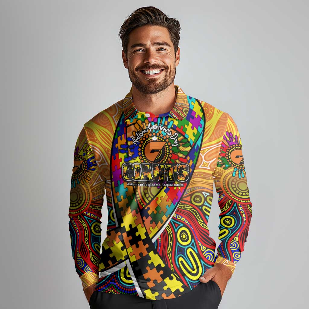 Autism Awareness Australia GWS Giants Long Sleeve Polo Shirt Aboriginal Indigenous Art