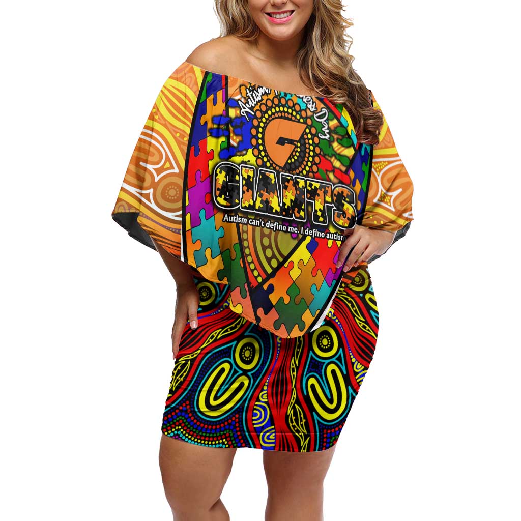 Autism Awareness Australia GWS Giants Off Shoulder Short Dress Aboriginal Indigenous Art